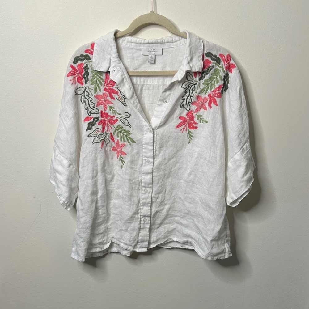 Charter Club 100% Linen Floral Embroidered Blouse